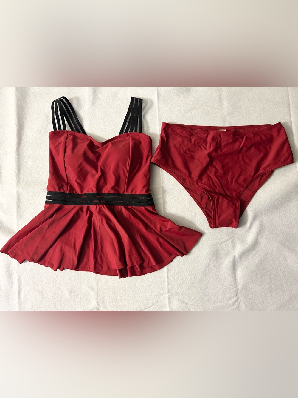 Red Peplum Women’s Tankini Swimsuit Set with Black Straps XLarge